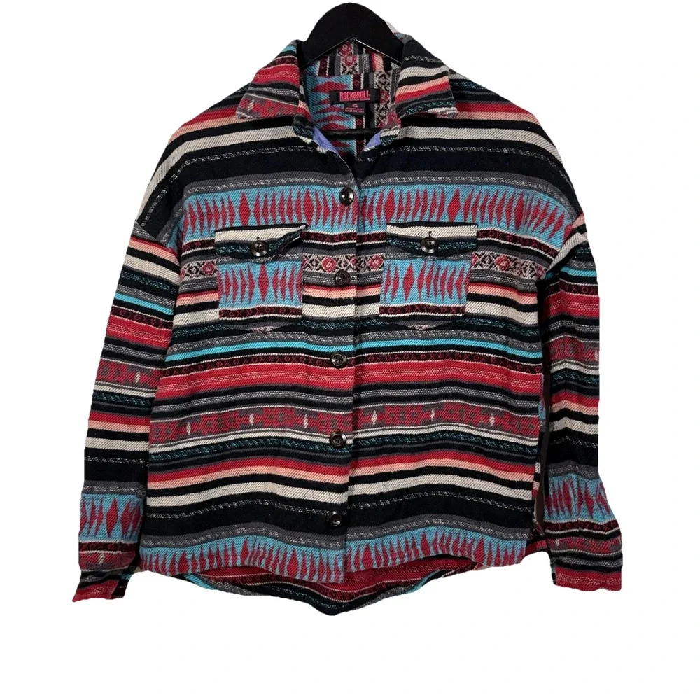 Rock & Roll Denim Women's Southwestern Aztec Stripe Print Button Down Red Blue